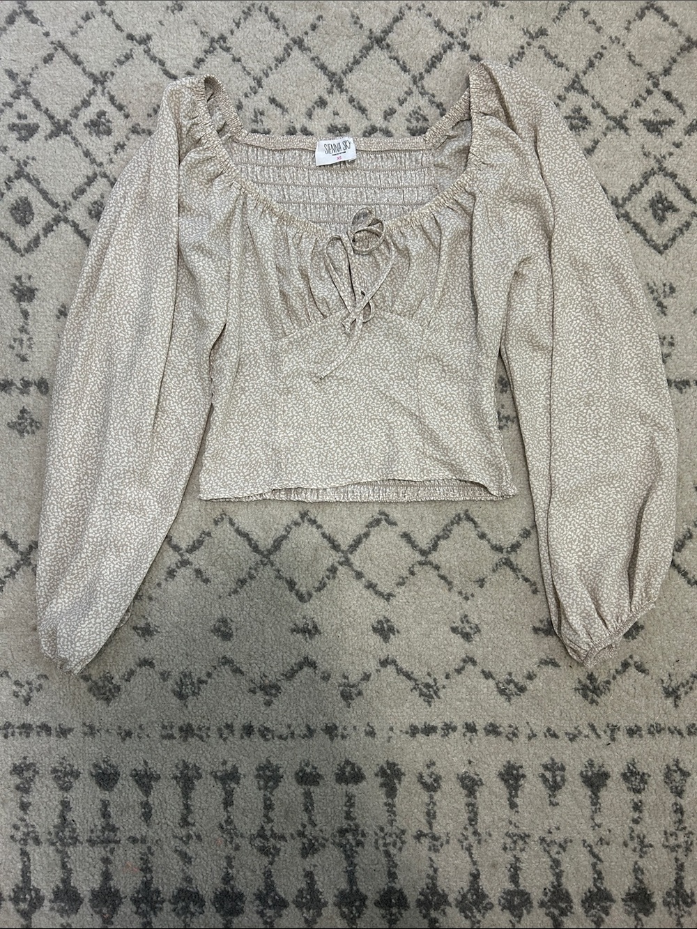 TJ Maxx Sienna Sky Taupe Beige Smocked Tie-Front Long Sleeve Crop Top
